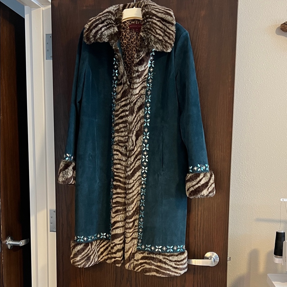 Vintage (90’s) Teal Leather and Animal Print Women's coat